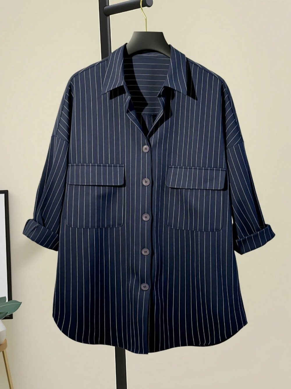 Navy Casual Women's Pocket Button-Down Long Sleeve Striped Blouse Top - Picture 3 of 7